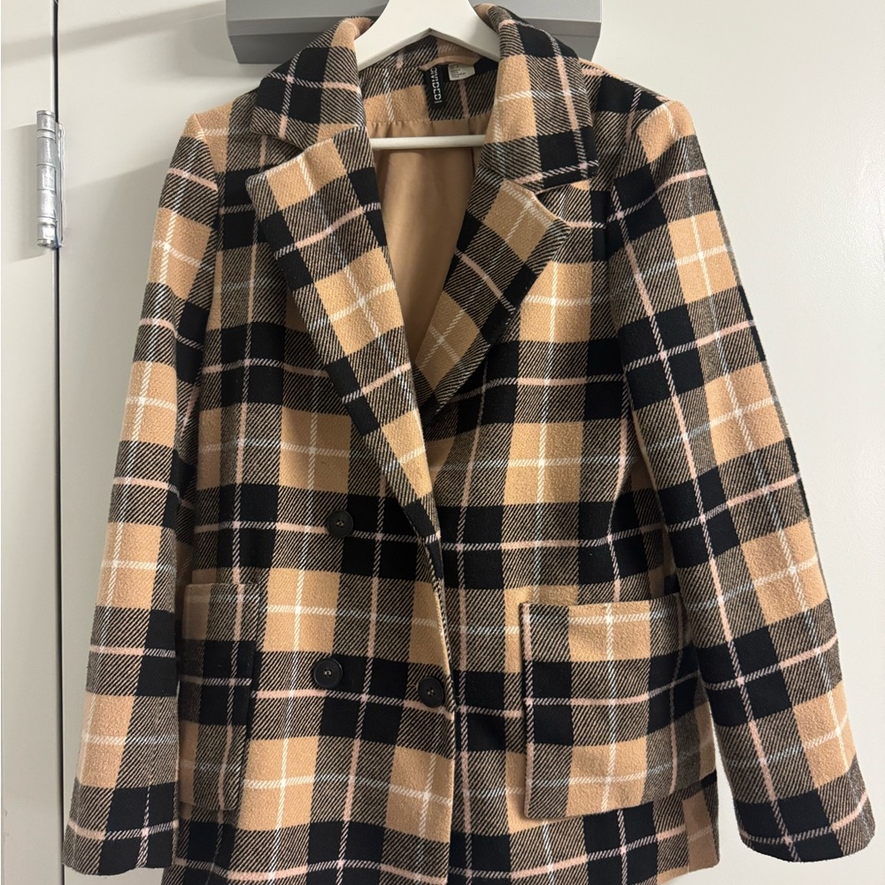 Plaid Double-Breasted Women's Coat - Black & Camel